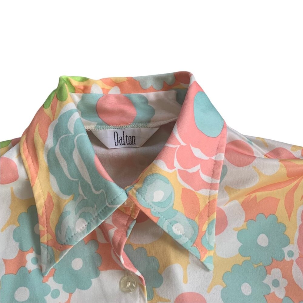 Vintage Groovy Pastel Novelty Floral Flower Power Print Blouse - Picture 2 of 5